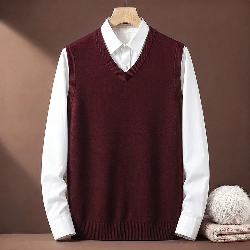 V Neck Sleeveless Plain Knit Vest For Men Soft Handfeel Knitwear Business Formal Sweater Tank Top Autumn Layering Clothes