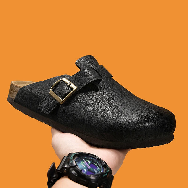 Comfort Cork Leather Slippers for Unisex Men Women Slip on Half Shoes Sandals Closed Toe Backless Health Footbed Slides Fashion