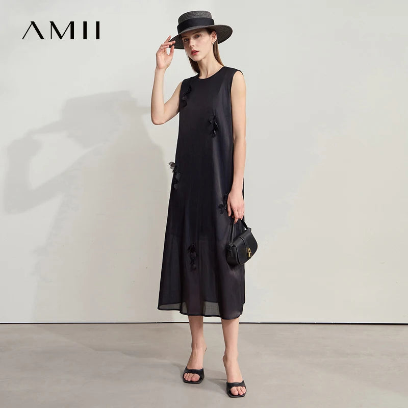 រ៉ូបនារី Amii ពណ៌សាមញ្ញ ធ្វើពីសូត្រ Mulberry លាយកប្បាស ដៃខ្លី មានលំនាំផ្កាបីវិមាត្រ 12542104