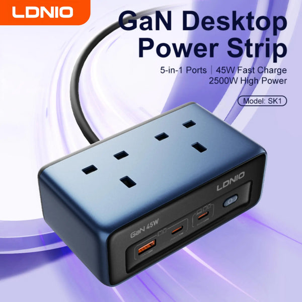 LDNIO 5-in-1 រន្ធដោតភ្លើង AC ចំនួន 2 សម្រាប់ចក្រភពអង់គ្លេស ការពារចរន្តអគ្គិសនី ខ្សែភ្លើងបន្ថែមប្រវែង 2 ម៉ែត្រ រន្ធ USB ចំនួន 3 រន្ធ Type-C ចំនួន 1 ស្ថានីយសាកថ្មលើតុ
