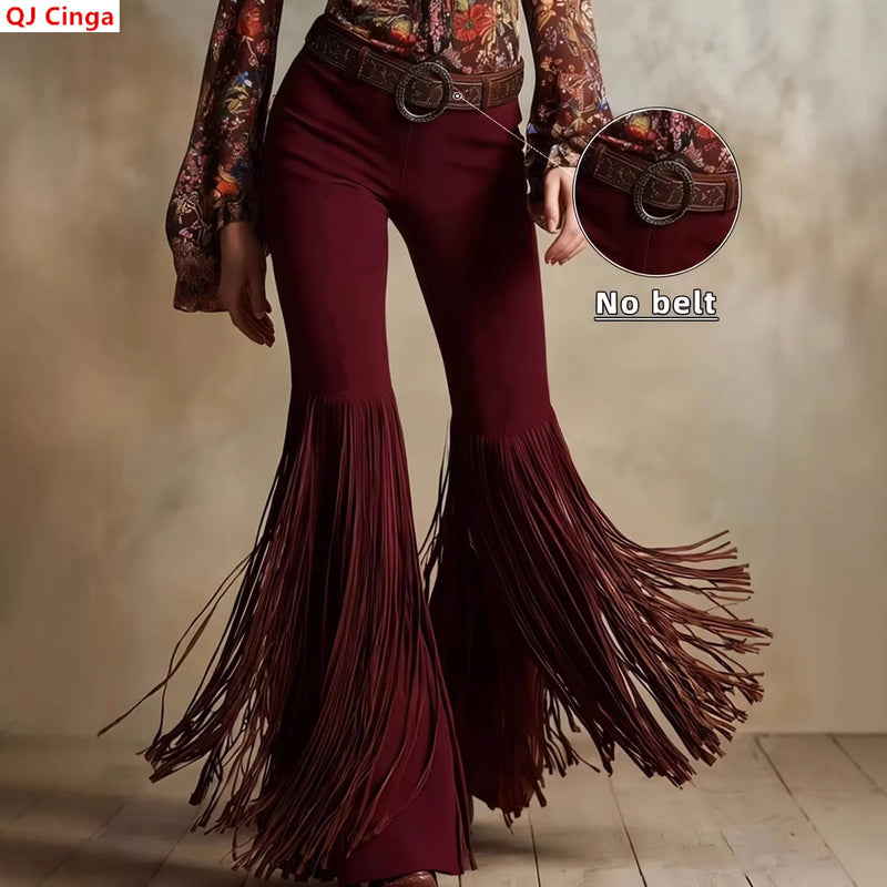 Women's Brown Flared Pants for Spring, Western-style Retro Trousers with Fringe Details, Available in Black, White, Burgundy.