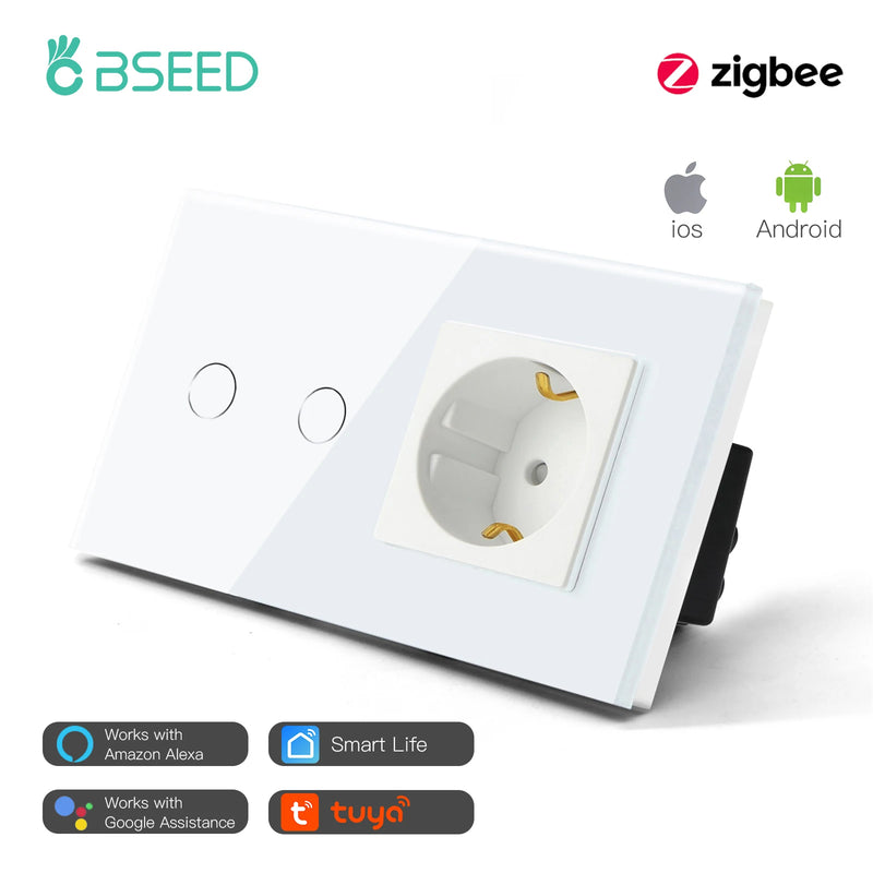BSEED Zigbee Switch 1/2/3Gang Smart Sensor Switch Tuya Smart Life Control No Neutral Line With Normal EU Wall Socket