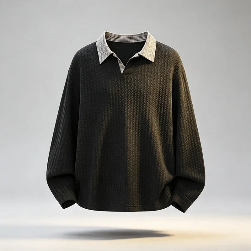 Male Rib Knit V Neck Polo Shirt Long Sleeve Contrast Plaid Collar Relax Fit Lightweight Streetwear Top