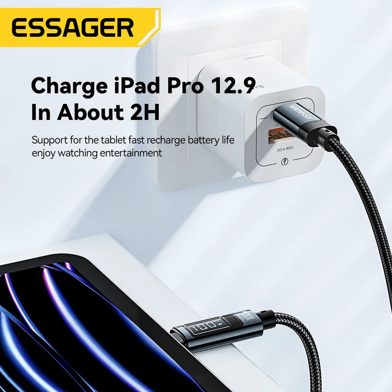 ខ្សែសាក Essager 100W USB Type C 90° LED Digital Display Cable 5A PD Fast Charging សម្រាប់ iPhone 16 15 Huawei Xiaomi Samsung MacBook