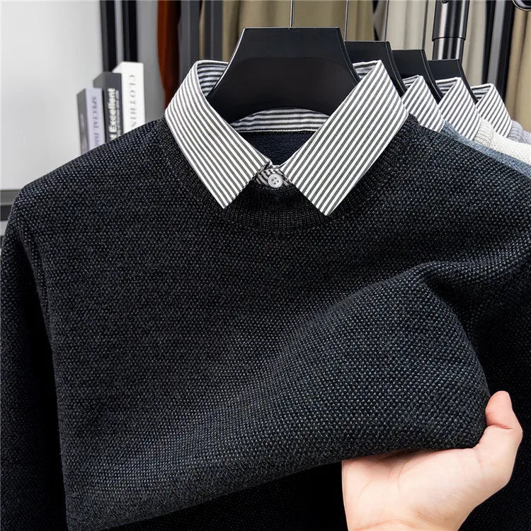 Men's Faux Two-Layer Sweater, Plaid Collar Thickened Warm, Gold Medal Quality, Thickened Collar Pullover Shirt