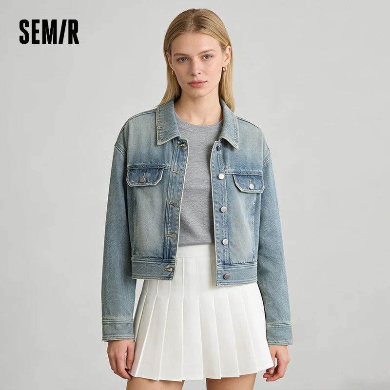 Semir Vintage Jacket Women 2026 Spring Short Lapel Drop Shoulder Loose Distressed Cargo Streetwear Stylish Outerwear