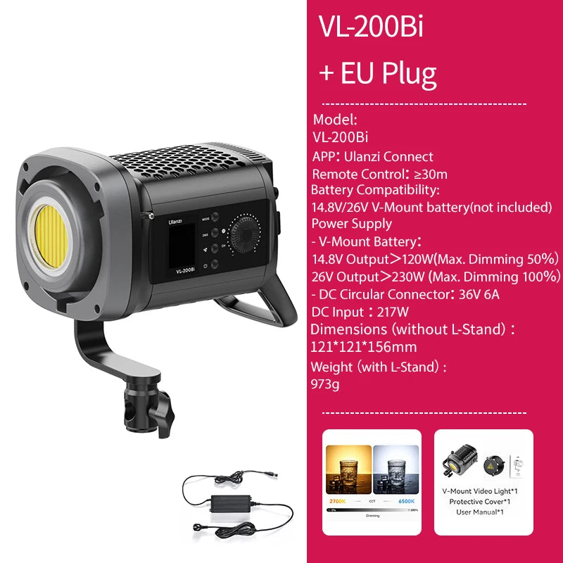 ភ្លើងវីដេអូ Ulanzi VL-120Bi VL-120C 120W V-Mount COB ឥតខ្សែ គ្រប់គ្រងដោយកម្មវិធី 2700K-6500K CRI>95 សម្រាប់ស្ទូឌីយោថតរូបវីដេអូ