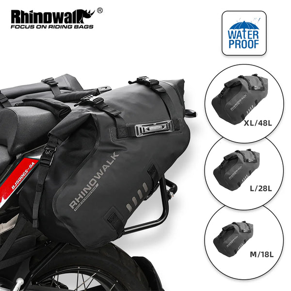 កាបូបម៉ូតូ Rhinowalk ២ ដុំ ការពារទឹកជ្រាប ១០០% ទំហំ ១៨លីត្រ/២៨លីត្រ/៤៨លីត្រ សមនឹងគ្រប់ស្ថានភាព កាបូបដាក់ឥវ៉ាន់ម៉ូតូ កាបូបដាក់កែបម៉ូតូចំហៀង