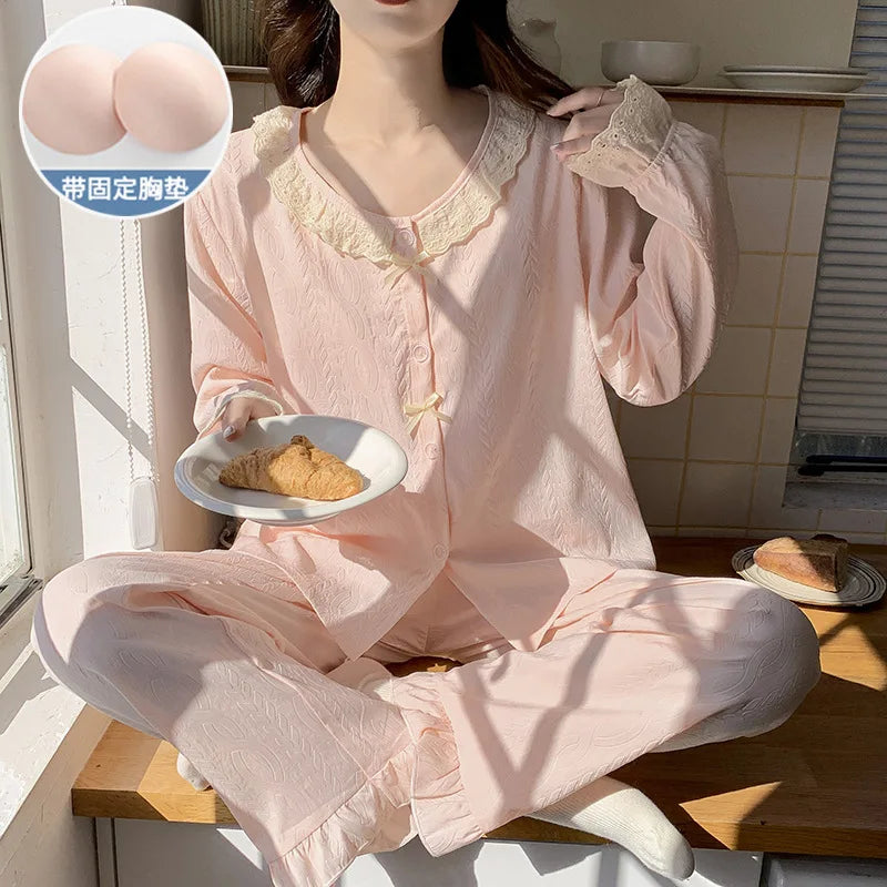 Pajama Woman Winter Sleepwear Set New Casual Chest Pad Long Sleeve Top Pant Suit Spring Autumn Cotton Women's Home Clothes