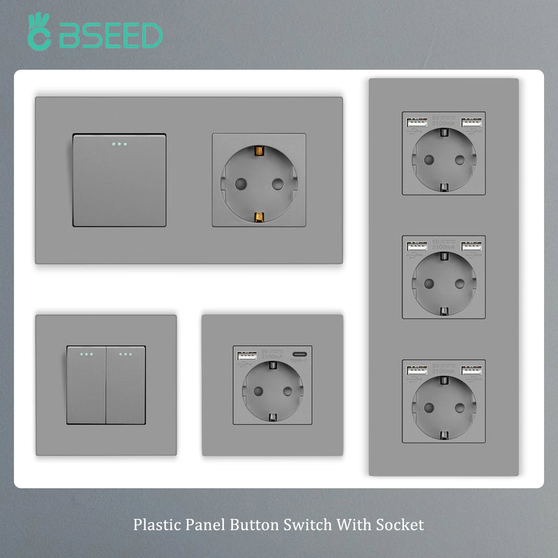 BSEED Button Switch 1/2/3Gang 1Way Wall Sockets With USB Type-C Phone Charger Mounted Double Socket Plastic Panel Triple Outlets