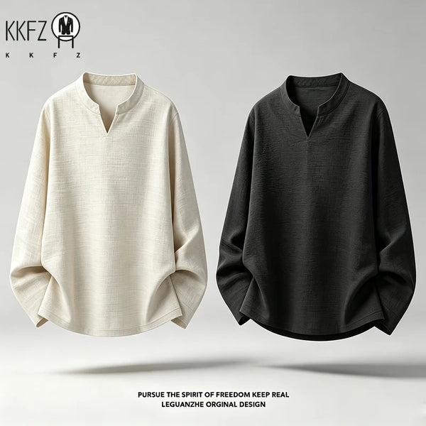 Mens Long Sleeve V Neck Mandarin Collar Shirt Linen Weave Fabric Loose Silhouette For Daily Occasions