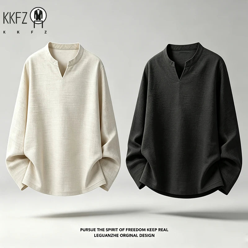 Mens Long Sleeve V Neck Mandarin Collar Shirt Linen Weave Fabric Loose Silhouette For Daily Occasions