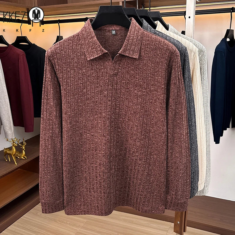 Spring Fall Men Lapel Knitted Pullover Polo Long Sleeve Vertical Ribbed Soft Light Business Daily Wear Tops