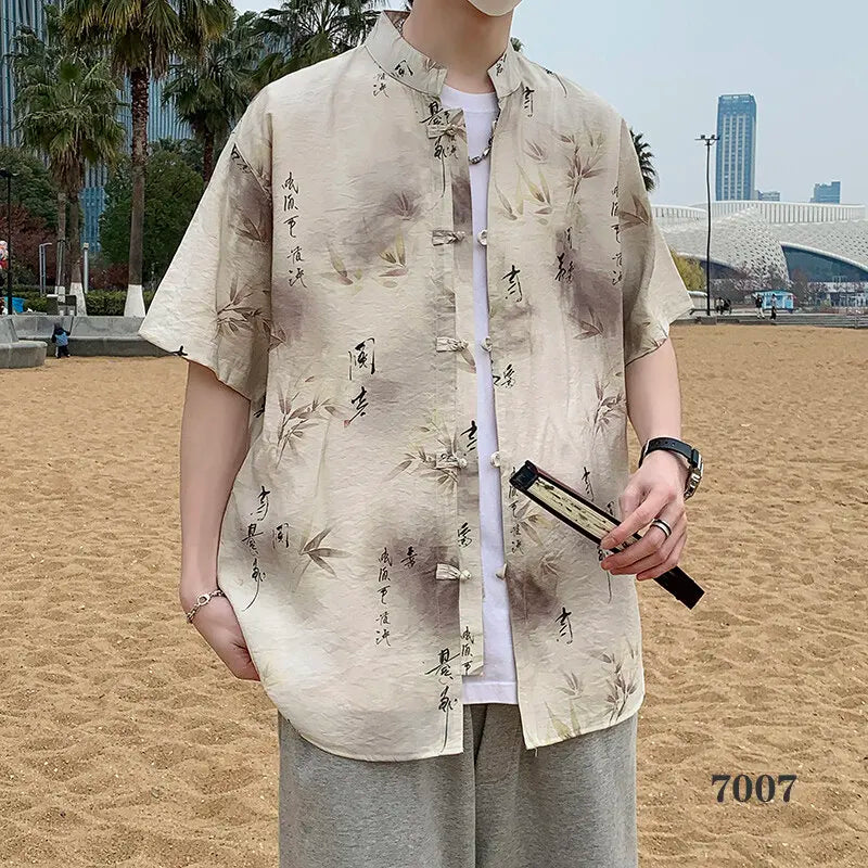 2026 Chinese Style Men's Short Sleeve Shirt with Chinese Characters Decorations and Asian Size Single Button Beach Casual Top