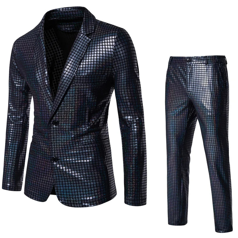 2026 Rainbow Color Men's Striped Suit Two-Piece, Fashion Suit Jacket and Pants, Green Silver Sets (Light Thin Stretch Fabrics)