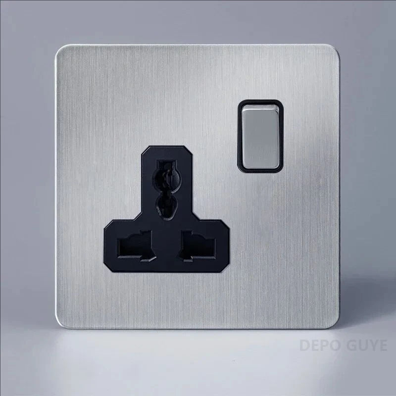 Retro EU France Socket Stainless Steel Brushed Double Power Outlet Toggle Metal Lever 1-4 Gang 2Way Wall Light Switch Panel RJ45