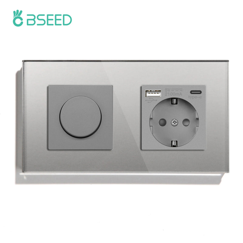 BSEED Mechanical Dimmer Light Switch Plus EU Socket USB Type-C Port Power Outlet Led Dimmable Switch Glass Frame 10A