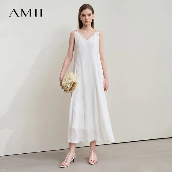 រ៉ូប Amii Minimalism Vacation Beige Summer 2025 រ៉ូបថ្មីសម្រាប់នារី Office កាត់ផ្កា A Line ដៃខ្លី ធម្មតា ចងជារាង Fairy 12542190