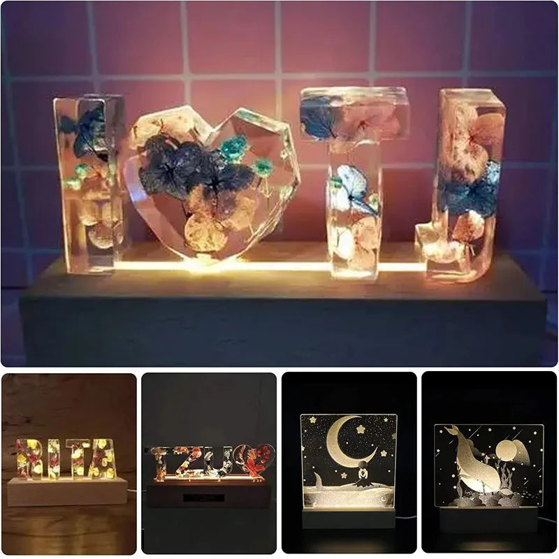 LED Wooden Night Light Base Artistic Rectangular Acrylic Lamp with USB Powered Switch Suitable for Glass Art and Resin Decor