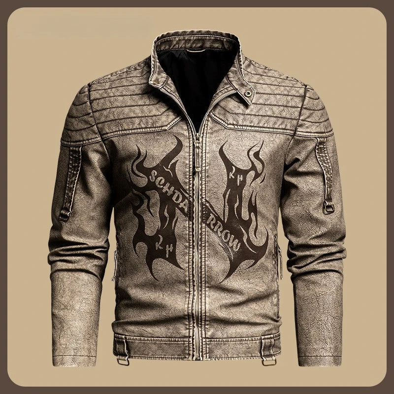 Men's Long-sleeve PU Jacket for Spring and Fall, Available in Gray-black Faux Leather Coat, with Khaki and Green Options.