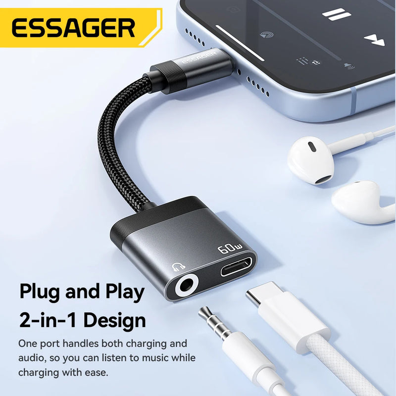 Essager Audio And Charging Splitter Cable 2 In 1 3.5mm Jack Earphone PD 60W USB Type C Charger Adapter For iPhone Samsung Xiaomi