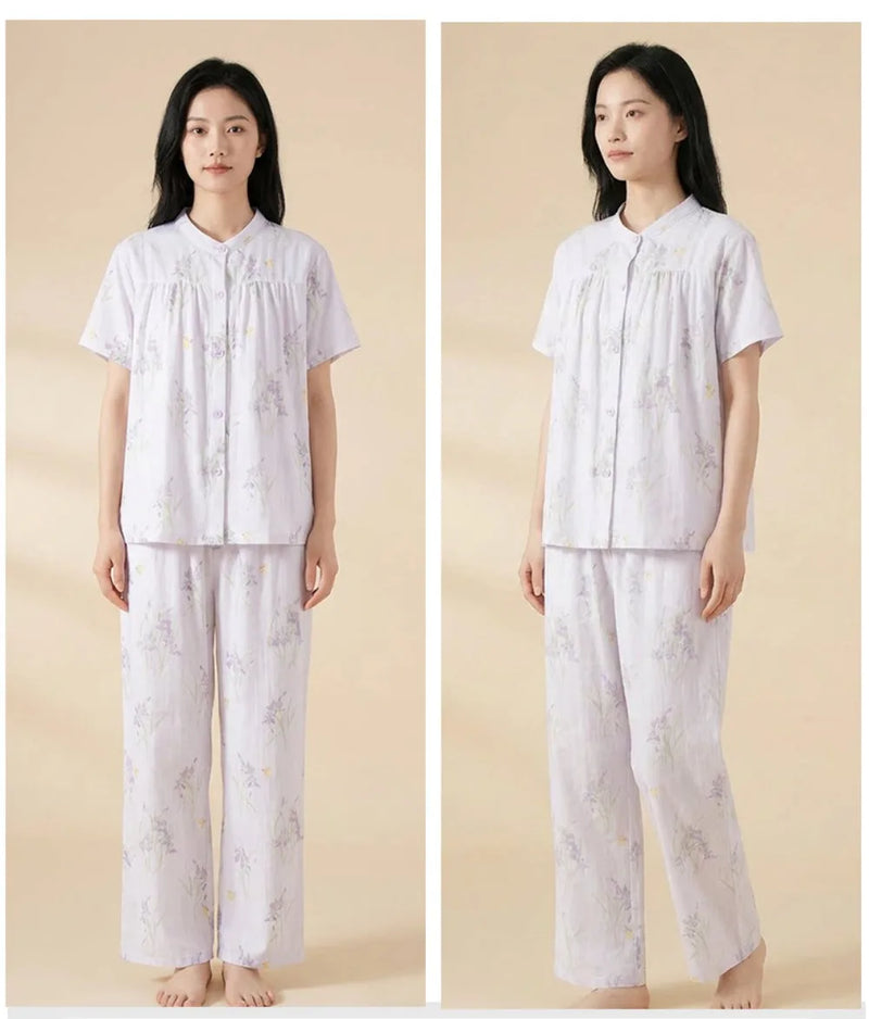 100% Cotton Women's Home Clothes Short Sleeve Sleepwear Summer Suit Pajamas for Woman Floral 2 Piece Set Night Wear for Ladies