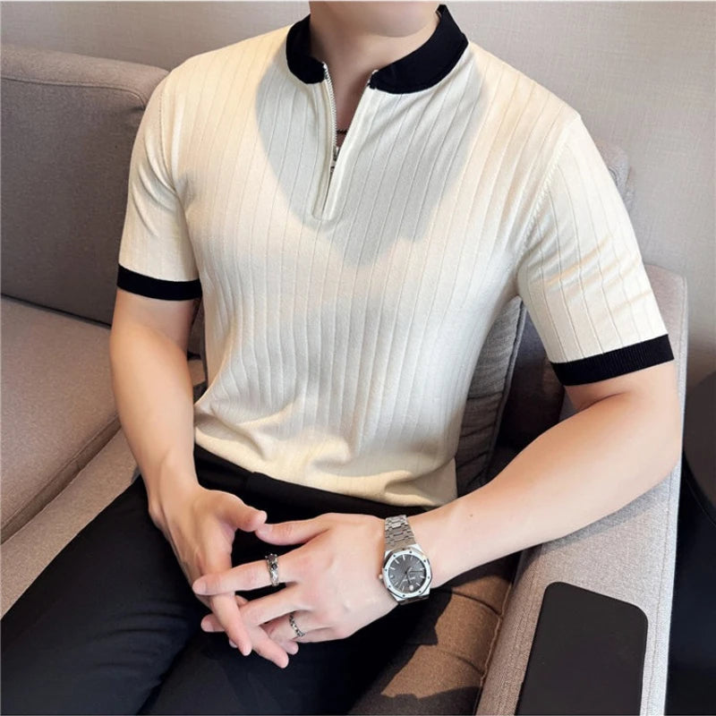 Men's Stretch Ice Silk Knit Polo Shirt with Half Zip and Contrast Color Stand Collar Half-zip Color-block Stand Collar T Shirt