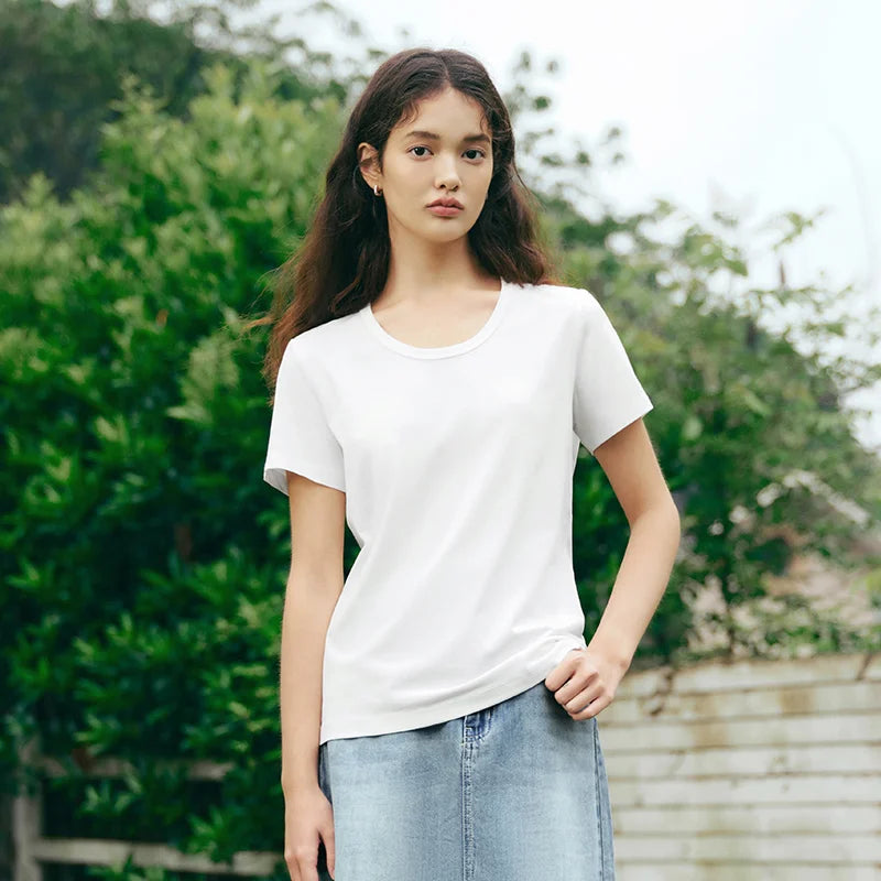 Semir Slim Fit Tshirt Women Summer Solid Color Basic Crew Neck White Cool Touch Casual Comfortable Fashion Slim Top