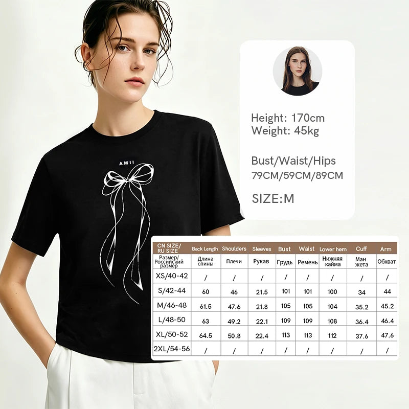Amii Women's T-Shirt 2026 Summer New Round Neck Bow Print Drop Shoulder Top Women Cotton Casual Loose Short Sleeve Tee 12622041