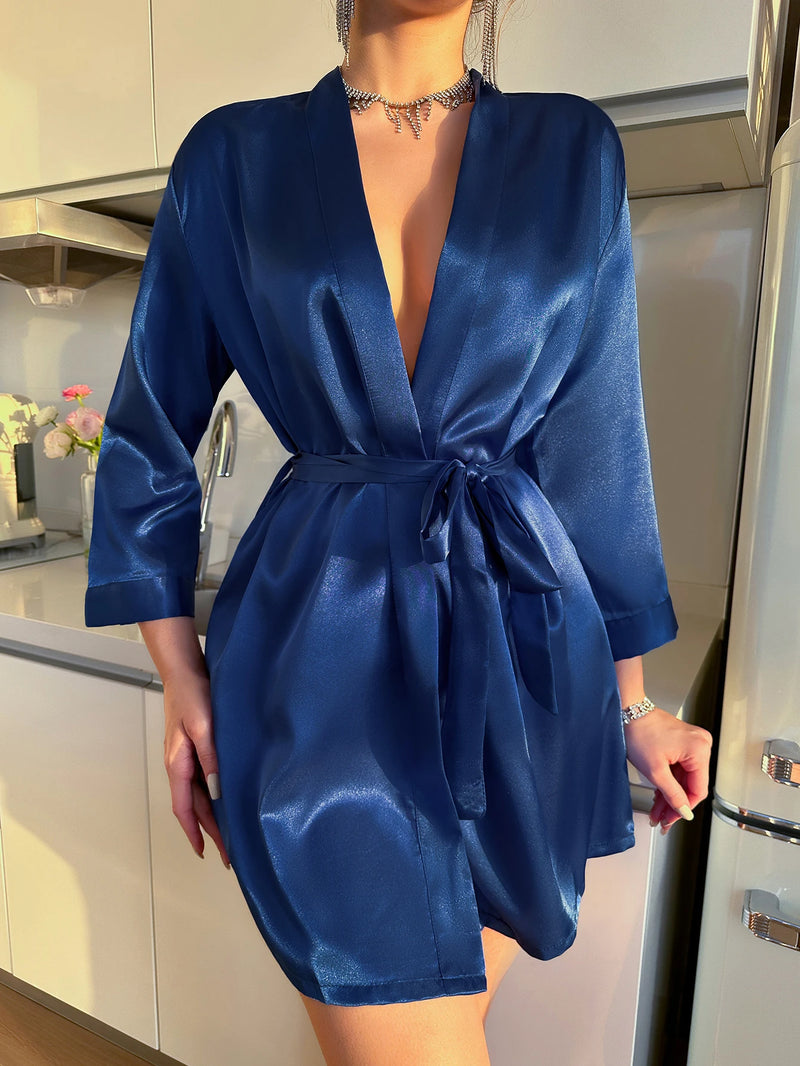 Home Dress Can Wear Ice Silk Robe Pajamas Women Summer European and American Ladies Lace-up Bathrobe Sexy Morning Gown