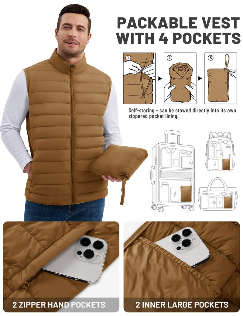 TACVASEN Men's Winter Lightweight Packable Warm Puffer Vest Nylon Waterproof Windproof Outerwear with 4 Zipper Pocket for Hiking
