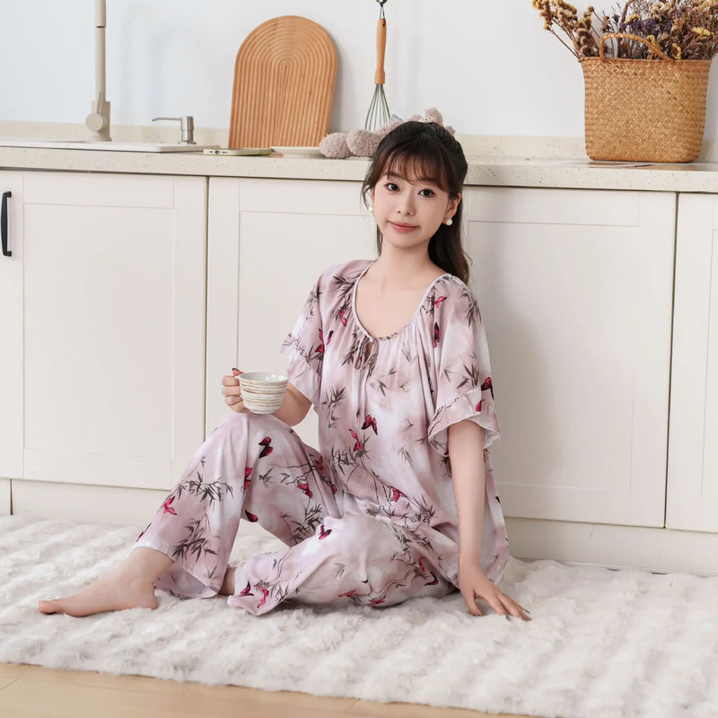 Thin Summer Wear Short Sleeve Home Suit For Women Pajamas Ladies Two-piece Set Pyjama Femmes Floral 2PCS Women's Pajamas Set