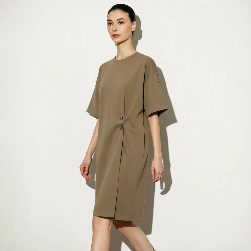Amii 2026 Summer Womens Dresses New O Neck Drop Shoulder Short Sleeve Loose Dress Cotton Air Layer Casual Woman Clothes 12652040