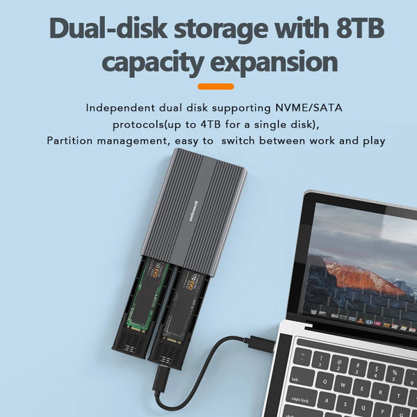 ប្រអប់ Blueendless Dual Bay M2 SSD ប្រភេទ C USB3.2 Gen2 10Gbps M.2 SATA NGFF Dual Protocol អាលុយមីញ៉ូម Alloy PCIe NVMe SSD Enclosure