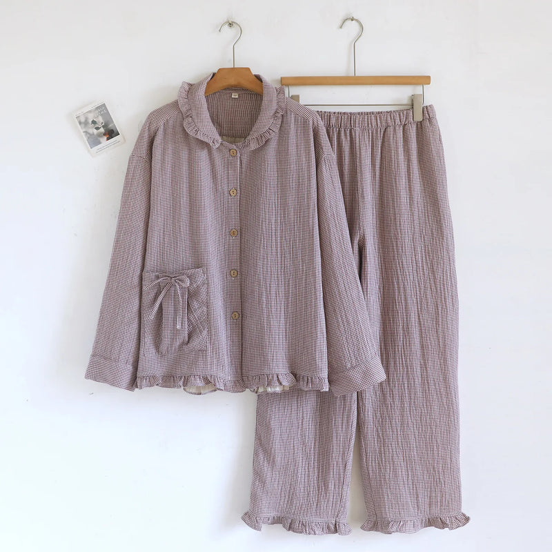 Pure Cotton Plaid Long-Sleeved Pyjamas Women's Loungewear Suit Spring Autumn Home Clothes Comfortable Sleepwear Soft Pajamas