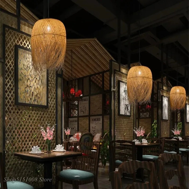 Vintage Bamboo Chandelier Natural Handmade Woven Rattan Pendant Lights E27 Hanging Lamp Restaurant Tea Room Living Room Cafe