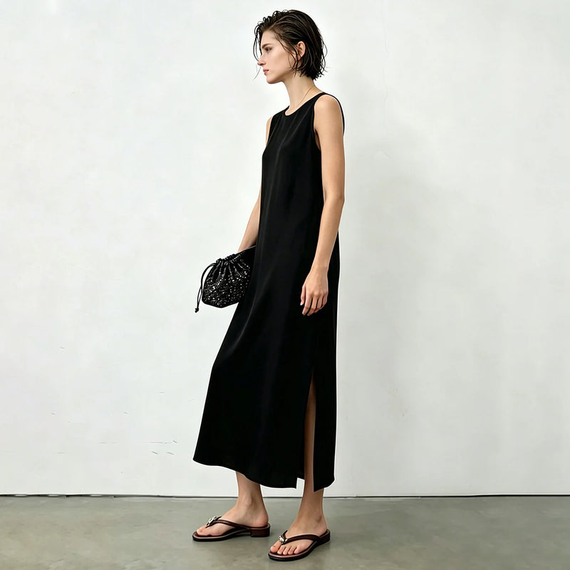 Amii Woman Trousers 2026 Summer New O-Neck Pleated Chiffon Long Dress Separate Casual Flowy Sleeveless Women's Blouse 12652065