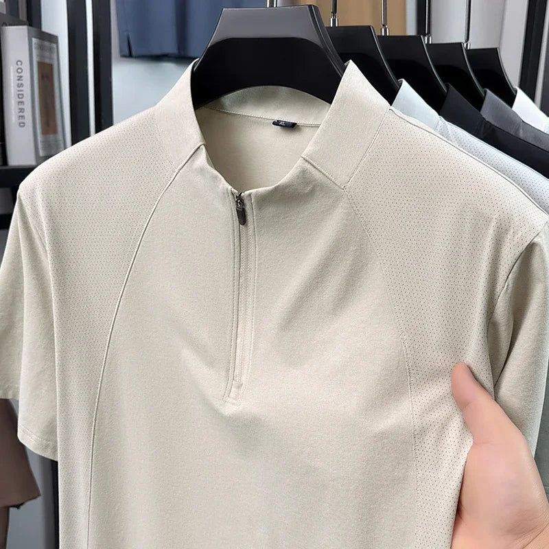 Mens Comfortable Quarter Zip Polo Shirt Short Sleeve Stand Collar Soft Touch Daily Wear Top
