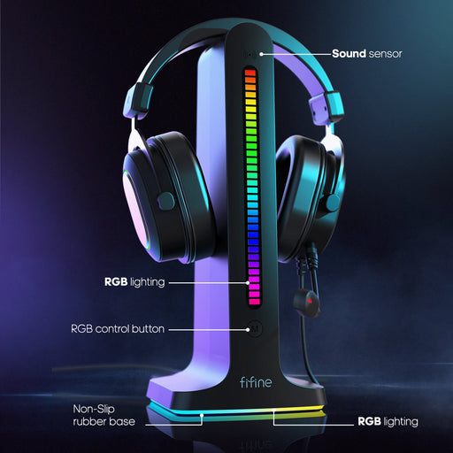 FIFINE RGB Headphone Stand,with Power Strip 2 in1,USB Headset Holder for Gaming Headphone/Bluetooth Headphone-Ampligame S3