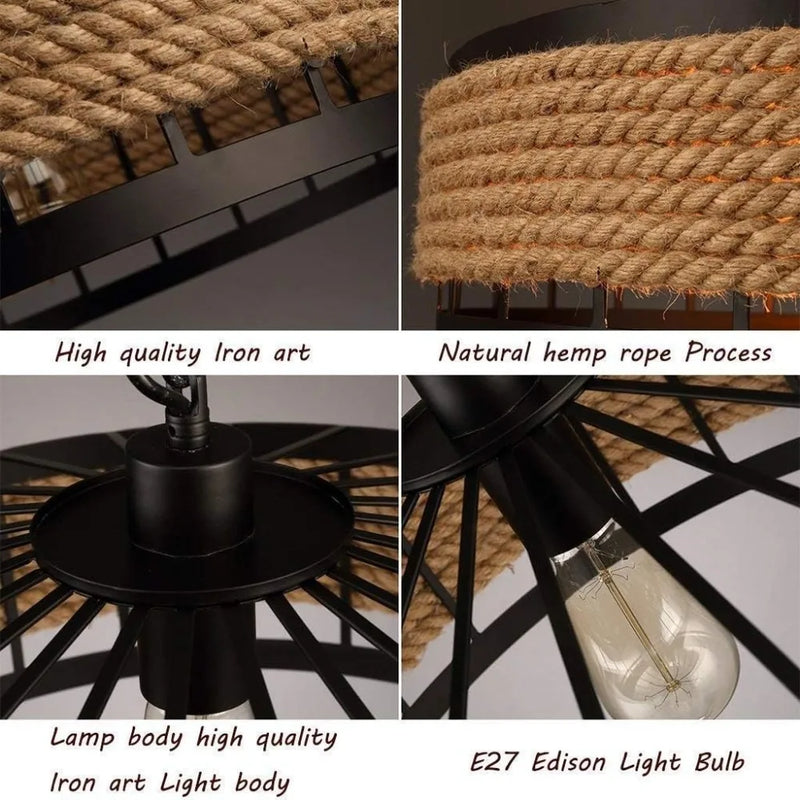 JOYINLED Industrial Hemp Rope Chandelier Vintage Metal Pendant Lamp Retro Hanging Lamp for Dining Room Living Room  30/40/50CM