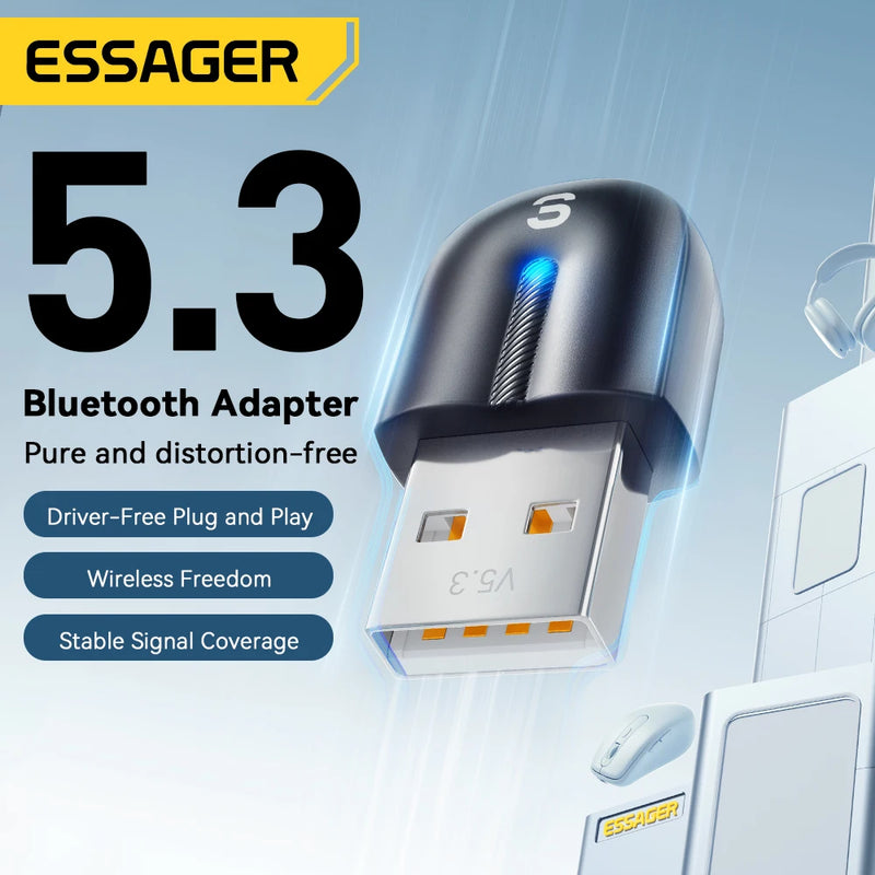 ឧបករណ៍ភ្ជាប់ប៊្លូធូស Essager USB Dongle Bluetooth 5.3 សម្រាប់កុំព្យូទ័រ កុំព្យូទ័រយួរដៃ ឧបករណ៍បំពងសម្លេង ឧបករណ៍ទទួលសំឡេង កណ្ដុរឥតខ្សែ ក្តារចុច ឧបករណ៍បញ្ជូន USB