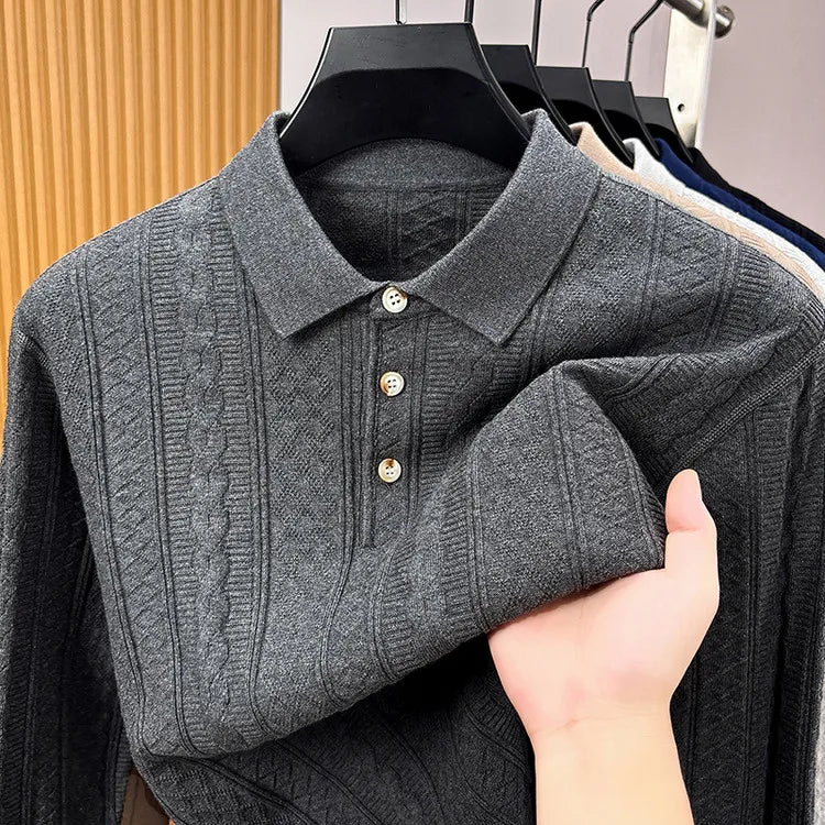 Men's Long Sleeve Waffle Knit Polo Shirt – 100% Cotton, Slim Fit, Business Casual Top for Autumn Winter