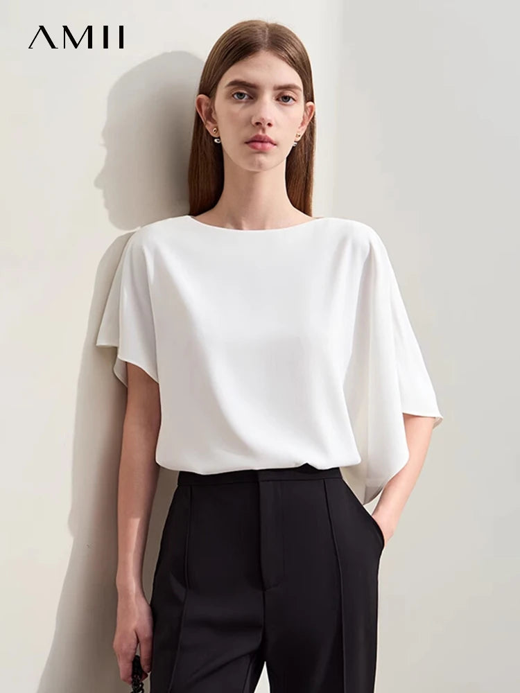 អាវស្រី Amii Minimalism រដូវក្តៅឆ្នាំ ២០២៤ ថ្មីសាមញ្ញត្បាញរឹងរលុងអាវក O-Neck ធម្មតាសម្រាប់ស្ត្រី 12422142