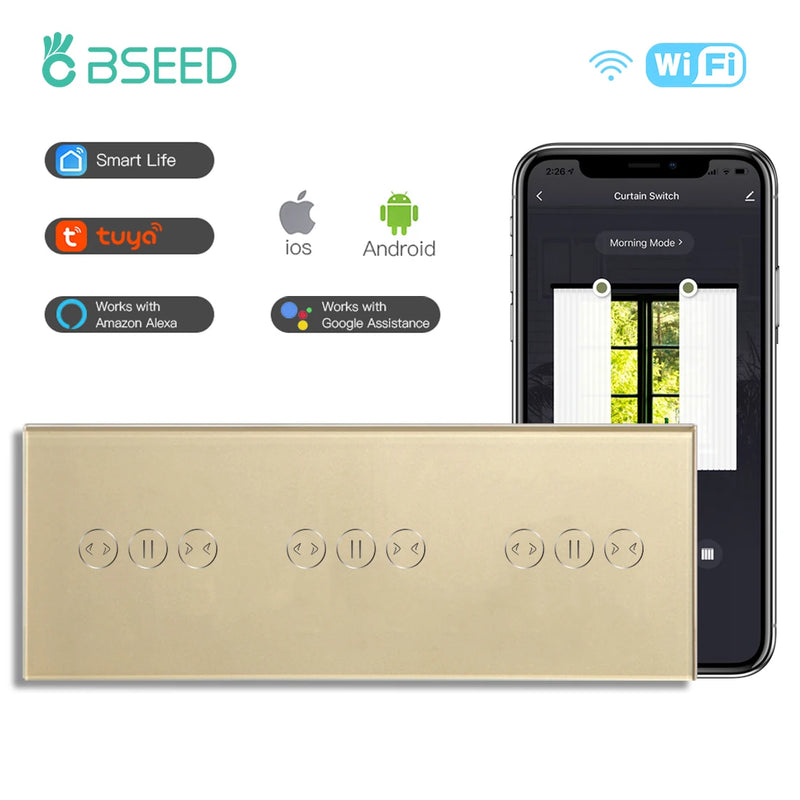 BSEED WiFi Curtain Switch Wireless Smart Touch Switch for Smart Life Tuya Alexa Blind Roller Shutter With Neutral Line