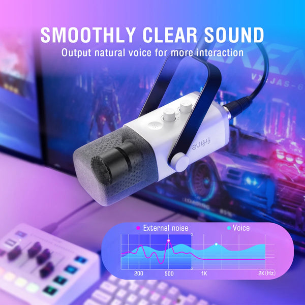 ឈុត FIFINE RGB Streaming Podcast ជាមួយមីក្រូហ្វូនថាមវន្ត និងឧបករណ៍លាយសំឡេងសម្រាប់លេងហ្គេម/ថត/ផ្សាយផ្ទាល់ ការគ្រប់គ្រងសំឡេងភ្លាមៗ - KS5W