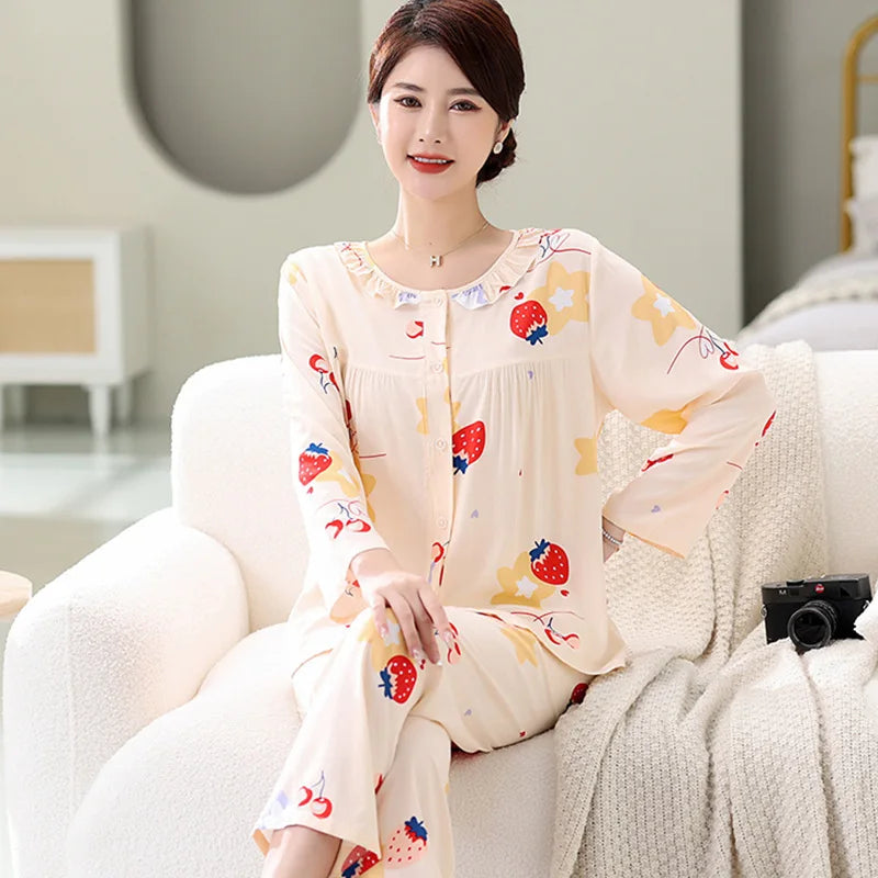 Women Spring Autumn Long Sleeve Pajamas Suit Middle Aged Mother's Home Clothes Female Outside Wear Sleepwear Two Piece Set
