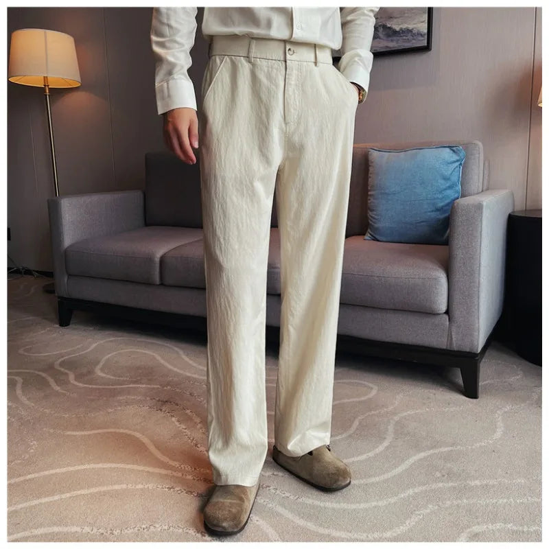 Men's Tencel Linen Blend Relaxed-Fit Straight Trousers – Breathable Summer Casual Pants with Elastic Waist & Cooling Texture