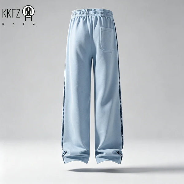 Mens Striped Side Wide Leg Sweatpants Adjustable Drawstring Waist Relax Cut Comfort Outdoor Walking Trousers