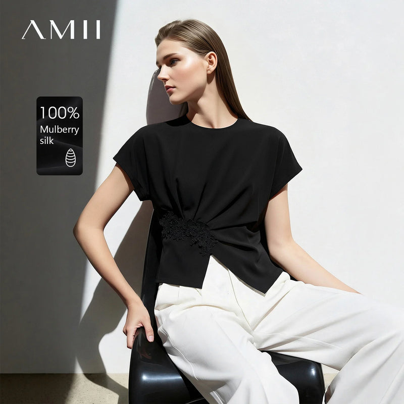 Amii Women's Blouse 2026 Summer New Round Neck Dolman Sleeve Lace Trim Top 100% Mulberry Silk Straight Fit Casual Shirt 12612037