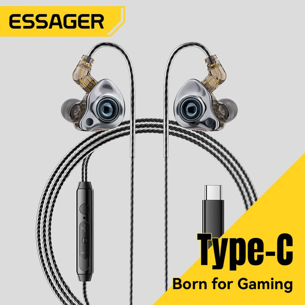 កាសស្តាប់ត្រចៀក Essager USB Type C 3.5mm មានខ្សែសម្រាប់លេងហ្គេម កាសស្តាប់ HiFi បាស ស្តេរ៉េអូ លេងហ្គេម កាសស្តាប់ត្រចៀក កាសកាត់បន្ថយសំឡេងរំខាន